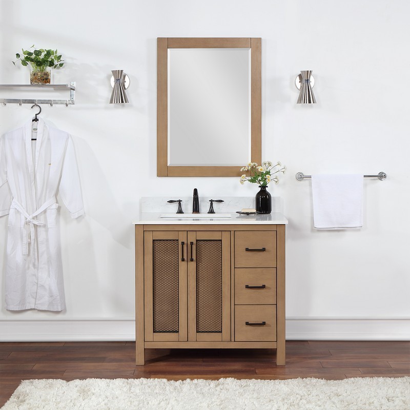 ALTAIR 542036-BR-AW HADIYA 36 INCH SINGLE BATHROOM VANITY WITH CARRARA  WHITE COMPOSITE STONE COUNTERTOP, BROWN PINE, WITH MIRROR
