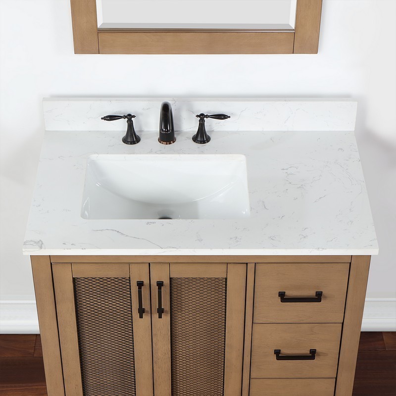 ALTAIR 542036-BR-AW HADIYA 36 INCH SINGLE BATHROOM VANITY WITH CARRARA  WHITE COMPOSITE STONE COUNTERTOP, BROWN PINE, WITH MIRROR