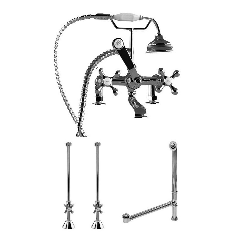 CAMBRIDGE PLUMBING CAM463D-2-PKG-CP COMPLETE PLUMBING PACKAGE FOR DECK MOUNT CLAW FOOT TUB CLASSIC TELEPHONE STYLE FAUCET WITH 2 INCH DECK RISERS, SUPPLY LINES WITH SHUT OFF VALVES, DRAIN ASSEMBLY
