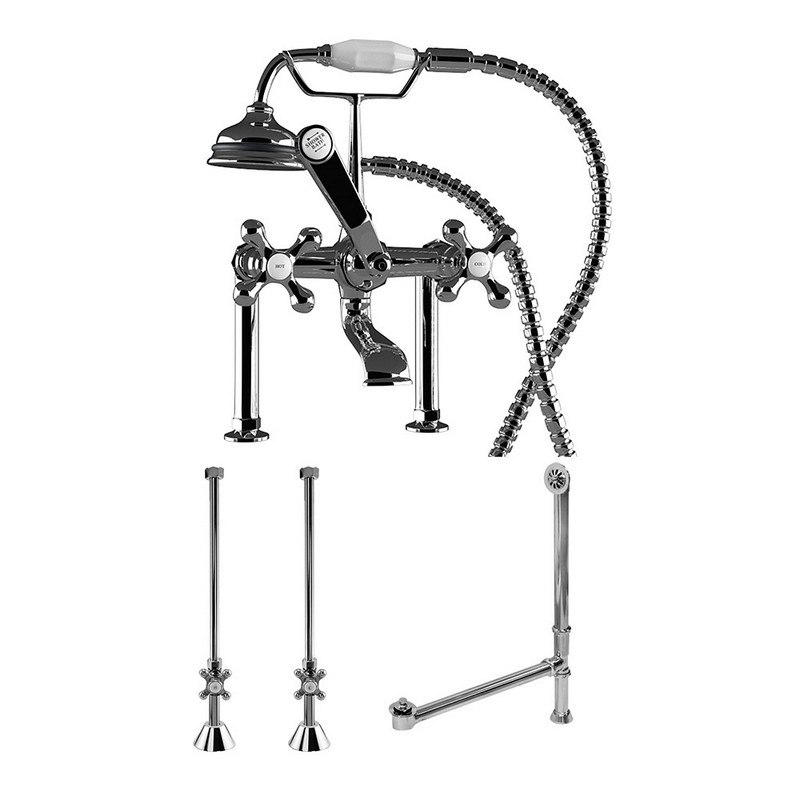 CAMBRIDGE PLUMBING CAM463D-6-PKG-CP COMPLETE PLUMBING PACKAGE FOR DECK MOUNT CLAW FOOT TUB CLASSIC TELEPHONE STYLE FAUCET WITH 6 INCH DECK RISERS, SUPPLY LINES WITH SHUT OFF VALVES, DRAIN ASSEMBLY