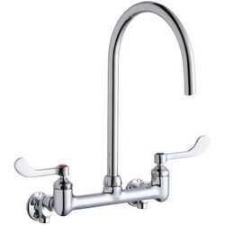 ELKAY LK940LGN08T4S WALL MOUNT FAUCET WITH 8 INCH GOOSENECK SPOUT AND 4 INCH HANDLES, OFFSET INLET + STOP