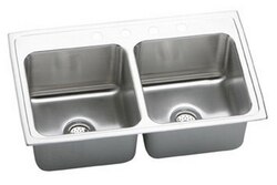 ELKAY DLR3319102 LUSTERTONE STAINLESS STEEL 33 L X 19-1/2 W X 10-1/8 D DOUBLE BOWL KITCHEN SINK, 2 FAUCET HOLES
