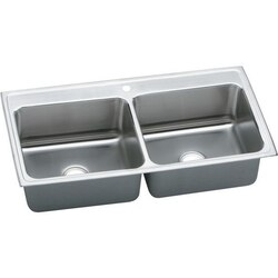 ELKAY DLR4322101 LUSTERTONE STAINLESS STEEL 43 L X 22 W X 10-1/8 D DOUBLE BOWL KITCHEN SINK, 1 FAUCET HOLE