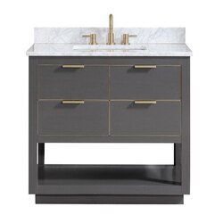 AVANITY ALLIE-VS37-TGG-C ALLIE 37 INCH VANITY COMBO IN TWILIGHT GRAY WITH GOLD TRIM AND CARRARA WHITE MARBLE TOP