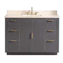 AVANITY AUSTEN-VS49-TGG-D AUSTEN 49 INCH VANITY COMBO IN TWILIGHT GRAY WITH GOLD TRIM AND CREMA MARFIL MARBLE TOP
