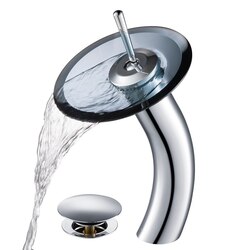 KRAUS KGW-1700-PU-10 SINGLE LEVER VESSEL GLASS WATERFALL FAUCET WITH GLASS DISK AND MATCHING POP UP DRAIN
