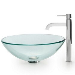 KRAUS C-GV-101-12MM-1007 CLEAR 16.5 INCH GLASS VESSEL SINK AND RAMUS FAUCET