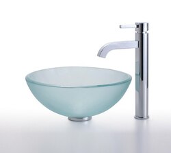 KRAUS C-GV-101FR-14-12MM-1007SN FROSTED 14 INCH GLASS VESSEL SINK AND RAMUS FAUCET IN SATIN NICKEL