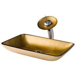 KRAUS C-GVR-210-RE-10 GOLDEN 22 INCH PEARL RECTANGULAR GLASS VESSEL SINK AND WATERFALL FAUCET