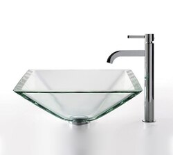 KRAUS C-GVS-901-19MM-1007 CLEAR 16.5 INCHAQUAMARINE GLASS VESSEL SINK AND RAMUS FAUCET