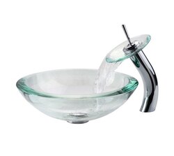 KRAUS C-GV-150-19MM-10CH CLEAR 17 INCH 34MM EDGE GLASS VESSEL SINK AND WATERFALL FAUCET IN CHROME
