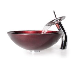 KRAUS C-GV-200-12MM-10 IRRUPTION 16.5 INCH RED GLASS VESSEL SINK AND WATERFALL FAUCET