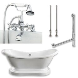CAMBRIDGE PLUMBING ADES-PED-463D-2-PKG-7DH 68 INCH DOUBLE ENDED SLIPPER PEDESTAL BATHTUB WITH 7 INCH DESK MOUNT FAUCET DRILLINGS AND COMPLETE PLUMBING PACKAGE