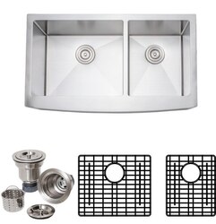 WELLS SINKWARE NCU3621-10L-AAP-1 NEW CHEF'S COLLECTION HANDCRAFTED 36 INCH 16 GAUGE UNDERMOUNT 60-40 DOUBLE BOWL STAINLESS STEEL KITCHEN SINK PACKAGE WITH ARCHED APRON FRONT