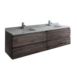 FRESCA FCB31-3636ACA-CWH-U FORMOSA 72 INCH WALL HUNG DOUBLE SINK MODERN BATHROOM CABINET WITH TOP AND SINKS IN ACACIA WOOD FINISH