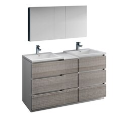 FRESCA FVN93-241224HA-D LAZZARO 60 INCH GLOSSY ASH GRAY FREE STANDING DOUBLE SINK MODERN BATHROOM VANITY WITH MEDICINE CABINET