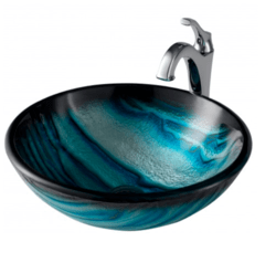 KRAUS C-GV-399-19MM-1200 NATURE SERIES 17 INCH BLUE GLASS BATHROOM VESSEL SINK AND ARLO FAUCET COMBO SET WITH POP-UP DRAIN