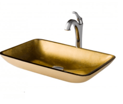 KRAUS C-GVR-210-RE-1200 22 INCH RECTANGULAR GOLD GLASS BATHROOM VESSEL SINK AND ARLO FAUCET COMBO SET WITH POP-UP DRAIN