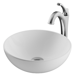 KRAUS C-KCV-341-1200 ELAVO 14 INCH ROUND WHITE PORCELAIN CERAMIC BATHROOM VESSEL SINK AND ARLO FAUCET COMBO SET WITH POP-UP DRAIN
