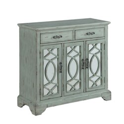 INFURNITURE AC1824-40-LT 40 INCH RUSTIC STYLE CREDENZA ACCENT CABINET WITH TWO MIRRORED DOORS AND TWO DRAWERS IN LIGHT TEAL