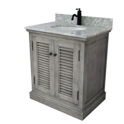 INFURNITURE WK1931-G+CW TOP 30 INCH RUSTIC SOLID FIR SINGLE SINK VANITY IN GREY DRIFTWOOD WITH CARRARA WHITE MARBLE TOP