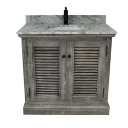 INFURNITURE WK1936-G+CW TOP 36 INCH RUSTIC SOLID FIR SINGLE SINK VANITY IN GREY DRIFTWOOD WITH CARRARA WHITE MARBLE TOP