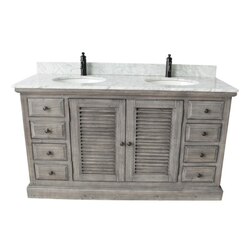 INFURNITURE WK1960-G+CW TOP 60 INCH RUSTIC SOLID FIR DOUBLE SINKS VANITY IN GREY DRIFTWOOD WITH CARRARA WHITE MARBLE TOP