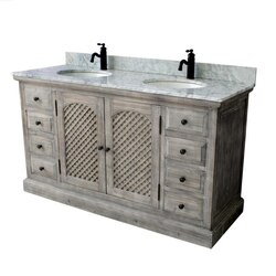 INFURNITURE WK8160-G+CW TOP 60 INCH RUSTIC SOLID FIR DOUBLE SINKS VANITY IN GREY DRIFTWOOD WITH CARRARA WHITE MARBLE TOP
