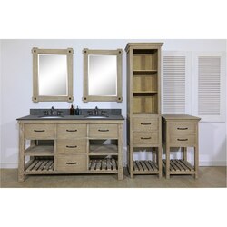 INFURNITURE WK8260+MG TOP 60 INCH RUSTIC SOLID FIR DOUBLE SINK VANITY WITH POLISHED TEXTURED SURFACE GRANITE TOP