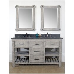 INFURNITURE WK8260-G+WK TOP 60 INCH RUSTIC SOLID FIR DOUBLE SINK VANITY IN GREY DRIFTWOOD WITH LIMESTONE TOP