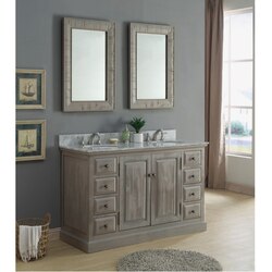 INFURNITURE WK8360+CW TOP 60 INCH SOLID RECYCLED FIR DOUBLE SINK VANITY IN GREY WITH CARRARA WHITE MARBLE TOP