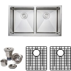 WELLS SINKWARE CSU3319-99-AP-1 CHEF'S COLLECTION HANDCRAFTED 33 INCH 16 GAUGE UNDERMOUNT 50/50 DOUBLE BOWL STAINLESS STEEL KITCHEN SINK WITH FARMHOUSE STYLE APRON FRONT PACKAGE