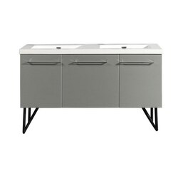 SWISS MADISON SM-BV236 ANNECY 60 INCH DOUBLE BATHROOM VANITY IN BRUSHED ALUMINUM WITH WHITE BASIN, TWO DOORS AND ONE DRAWER