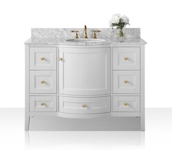 ANCERRE DESIGNS VTS-LAUREN-48-W-CW-GD LAUREN 48 INCH BATH VANITY SET IN WHITE WITH ITALIAN CARRARA WHITE MARBLE VANITY TOP AND WHITE UNDERMOUNT BASIN WITH GOLD HARDWARE