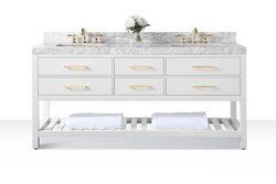 ANCERRE DESIGNS VTS-ELIZABETH-72-W-CW-GD ELIZABETH 72 INCH BATH VANITY SET IN WHITE WITH ITALIAN CARRARA WHITE MARBLE VANITY TOP AND WHITE UNDERMOUNT BASIN WITH GOLD HARDWARE