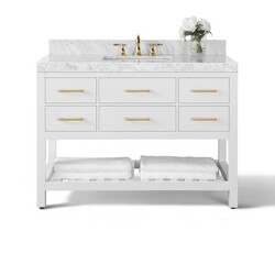 ANCERRE DESIGNS VTS-ELIZABETH-48-W-CW-GD ELIZABETH 48 INCH BATH VANITY SET IN WHITE WITH ITALIAN CARRARA WHITE MARBLE VANITY TOP AND WHITE UNDERMOUNT BASIN WITH GOLD HARDWARE