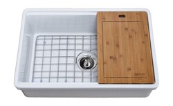 EMPIRE INDUSTRIES TO30 TOSCA 30 INCH FARMHOUSE FIRECLAY SINGLE BOWL KITCHEN SINK IN WHITE WITH CUTTING-BOARD, GRID AND STRAINER