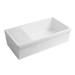 WHITEHAUS WHQD540-M QUATRO ALCOVE 36 INCH LARGE REVERSIBLE FIRECLAY KITCHEN SINK WITH  INTEGRAL DRAINBOARD AND A DECORATIVE 2  INCH LIP FRONT APRON ON BOTH SIDES