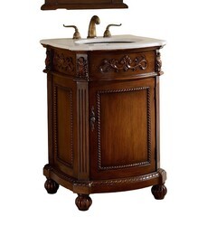 CHANS FURNITURE BWV-048W CAMELOT 24 INCH BROWN BATHROOM SINK VANITY, WHITE MARBLE COUNTERTOP