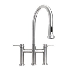 WHITEHAUS WHS6900-PDK WATERHAUS LEAD-FREE SOLID STAINLESS STEEL BRIDGE FAUCET WITH, PULL DOWN SPRAY HEAD AND SOLID LEVER HANDLES