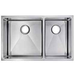 WATER-CREATION SSSG-UD-3220B-16 33 X 20 INCH 15MM CORNER RADIUS 60/40 DOUBLE BOWL STAINLESS STEEL HAND MADE UNDERMOUNT KITCHEN SINK WITH DRAINS, STRAINERS, AND BOTTOM GRIDS