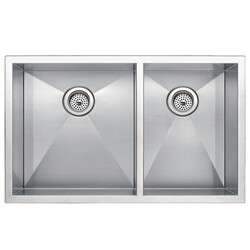 WATER-CREATION SSSG-UD-3320A-16 33 X 20 INCH ZERO RADIUS 60/40 DOUBLE BOWL STAINLESS STEEL HAND MADE UNDERMOUNT KITCHEN SINK WITH DRAINS, STRAINERS, AND BOTTOM GRIDS