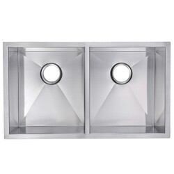 WATER-CREATION SSS-UD-3118B-16 31 X 18 INCH 50/50 DOUBLE BOWL STAINLESS STEEL HAND MADE UNDERMOUNT KITCHEN SINK WITH COVED CORNERS, DRAINS AND STRAINERS
