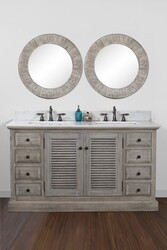 INFURNITURE WK1960+AP TOP 60 INCH SOLID RECYCLED FIR DOUBLE SINK VANITY WITH ARCTIC PEARL QUARTZ MARBLE TOP