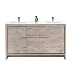 KUBEBATH AD660DNW DOLCE 60 INCH DOUBLE SINK NATURE WOOD MODERN BATHROOM VANITY WITH WHITE QUARTZ COUNTERTOP