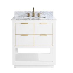 AVANITY ALLIE-VS31-WTG-C ALLIE 31 INCH VANITY COMBO IN WHITE WITH GOLD TRIM AND CARRARA WHITE MARBLE TOP