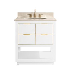 AVANITY ALLIE-VS31-WTG-D ALLIE 31 INCH VANITY COMBO IN WHITE WITH GOLD TRIM AND CREMA MARFIL MARBLE TOP