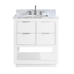 AVANITY ALLIE-VS31-WTS-C ALLIE 31 INCH VANITY COMBO IN WHITE WITH SILVER TRIM AND CARRARA WHITE MARBLE TOP