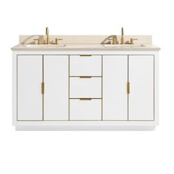 AVANITY AUSTEN-VS61-WTG-D AUSTEN 61 INCH VANITY COMBO IN WHITE WITH GOLD TRIM AND CREMA MARFIL MARBLE TOP