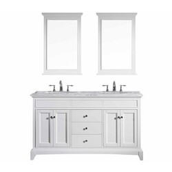 EVIVA EVVN709-60WH ELITE STAMFORD 60 INCH WHITE SOLID WOOD BATHROOM VANITY SET WITH DOUBLE OG WHITE CARRERA MARBLE TOP AND WHITE UNDERMOUNT PORCELAIN SINKS
